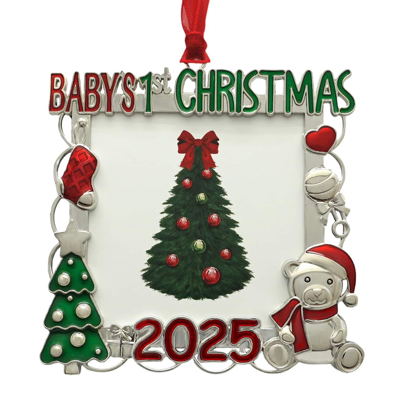 2.25" x 2.25" Silver, Red & Green Baby's 1st Christmas 2025 Ornament Frame by Studio Décor®